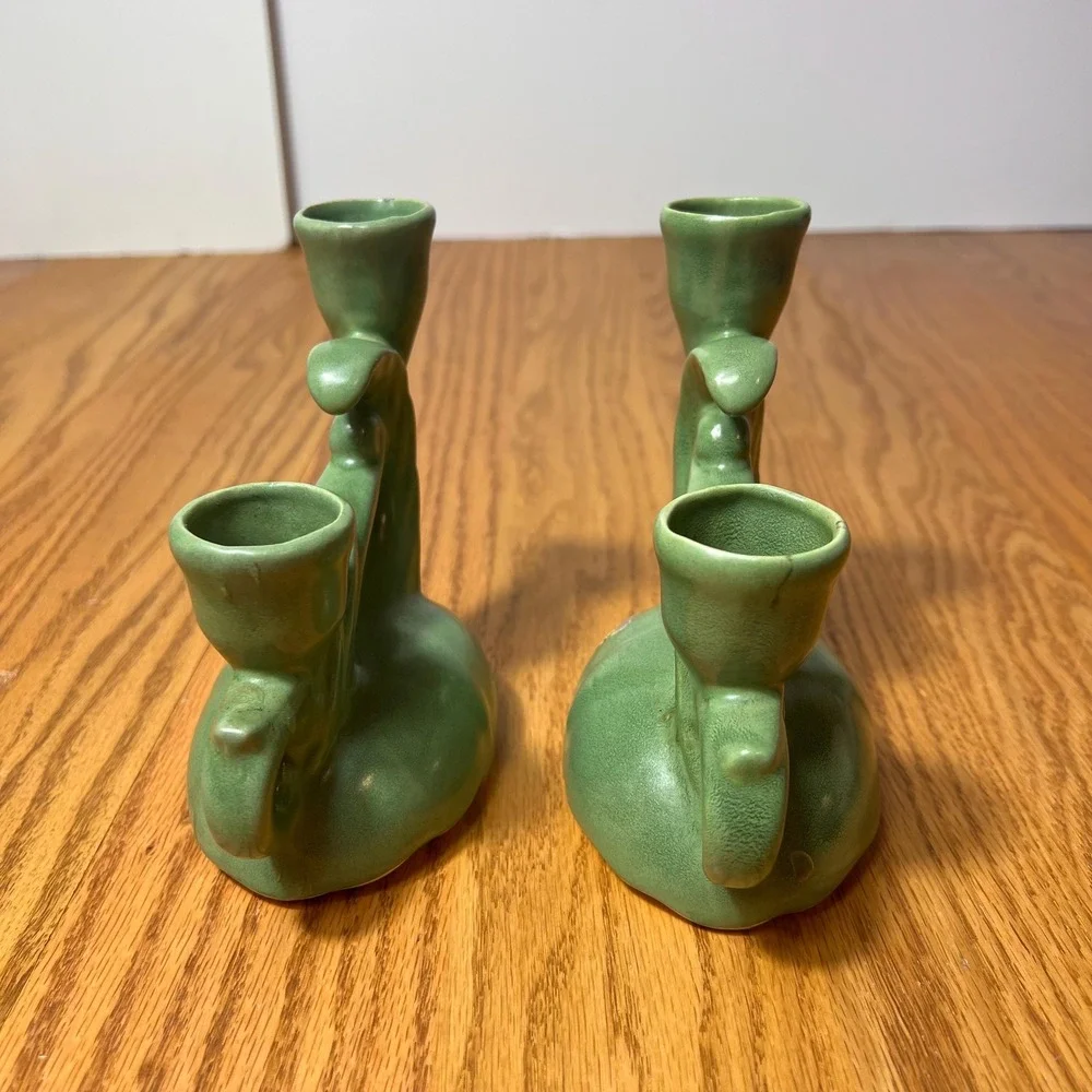 VTG Camark Pottery Pair of Green Double Candle Holders Mid Century Matte Glaze